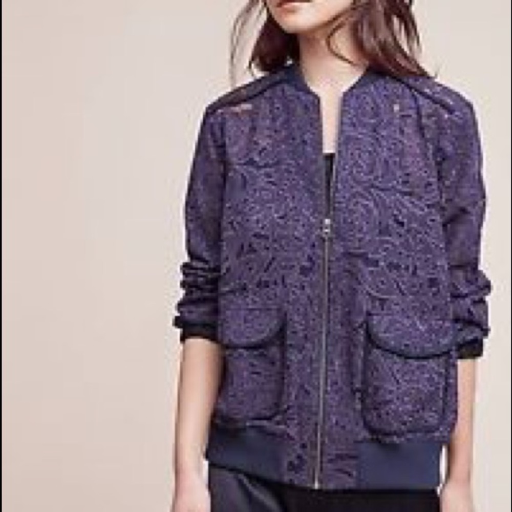 Anthropologie/ Elevenses Blue Lace Bomber